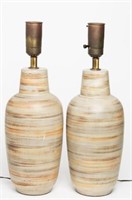 Mid-Century Modern Striated Pottery Lamps, Pair