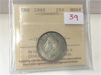 1940 (iccs Ms64) Canadian Silver 25 Cent