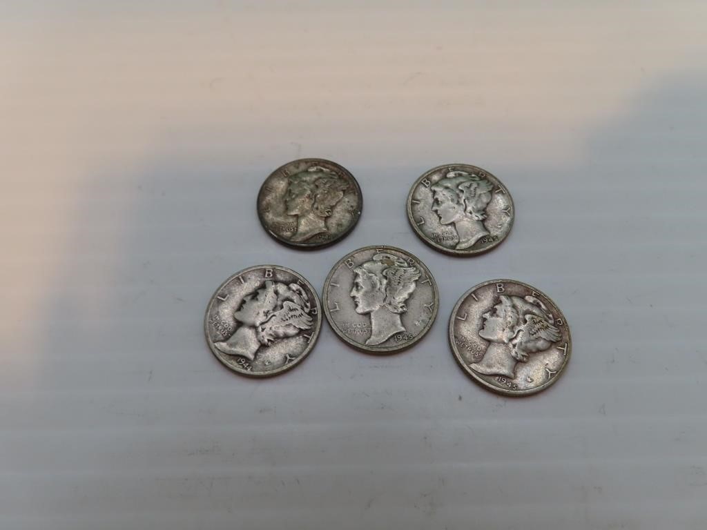 5 Silver Mercury Dimes  (2=1944 & 3=1945)