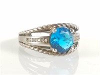 STERLING SILVER ROPE TRIM LARGE BLUE STONE RING