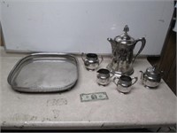 Nice Vtg Silverplate Serving Tray Teapots &