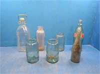 flat of assorted jars, jugs and bottles, blue