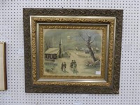 BEAUTIFUL ANTIQUE GILDED WOOD FRAMED WINTER SCENE