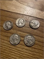 5 1940's Silver Liberty Quarters dated
