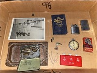 3 old lighters, pocket watch, money counter
