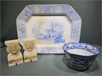 MARBLE BOOKENDS, ORIENTAL BOWL, AND PLATER
