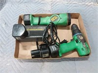 Hitachi drill, flash light, charger, batteries