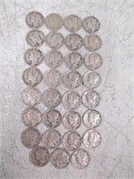 Lot of 31 Silver Mercury Dimes Dated 1941-1945