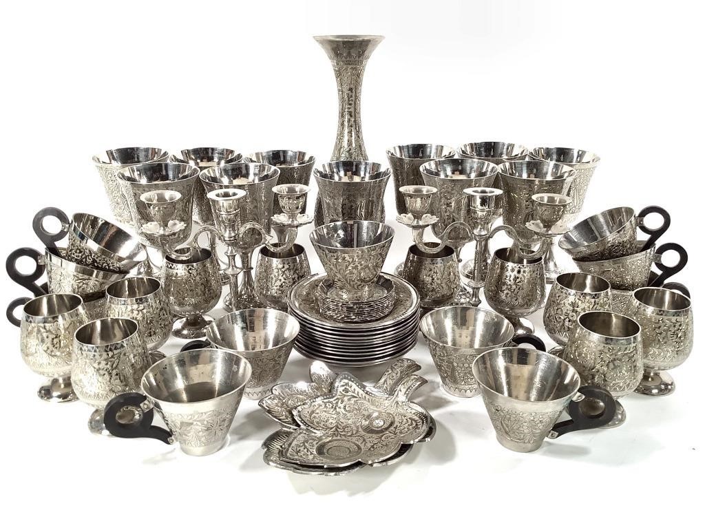 64 Pcs India Etched Silver Metal Goblets Cups Plus