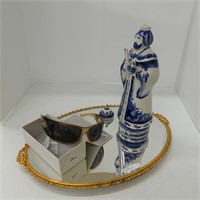 DRESSER MIRROR, SUNGLASSES, FIGURAL BOTTLE