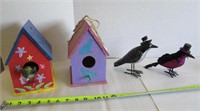 2 Wood Bird Houses + 2 Faux Birds