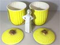 Pair of corn cookie jars w/NAO figure, approx 7x7