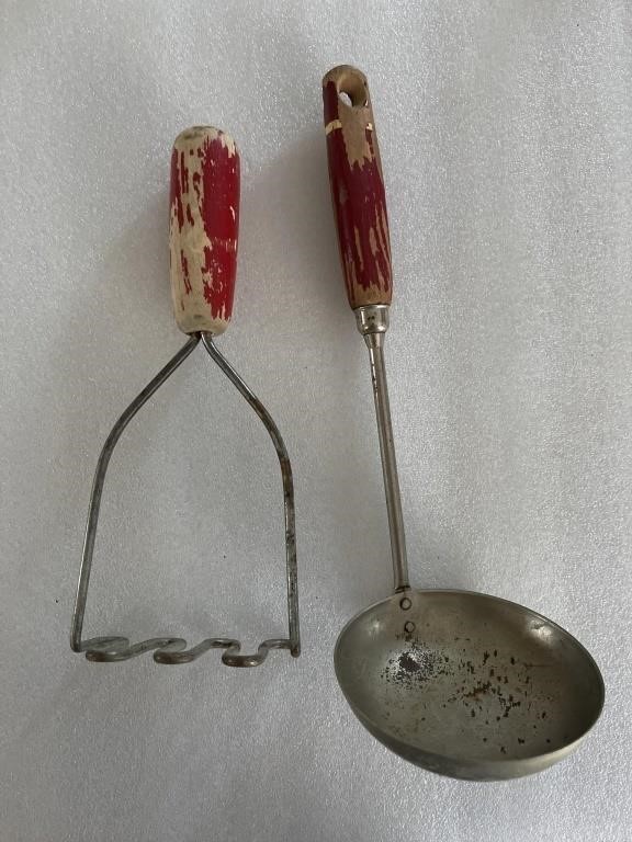 Vintage kitchen, utensil, wood, red handle