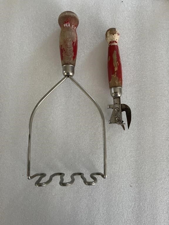 Vintage kitchen, utensil, wood red handle can
