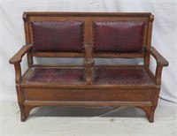 Antique Oak with Leather Railroad Bench