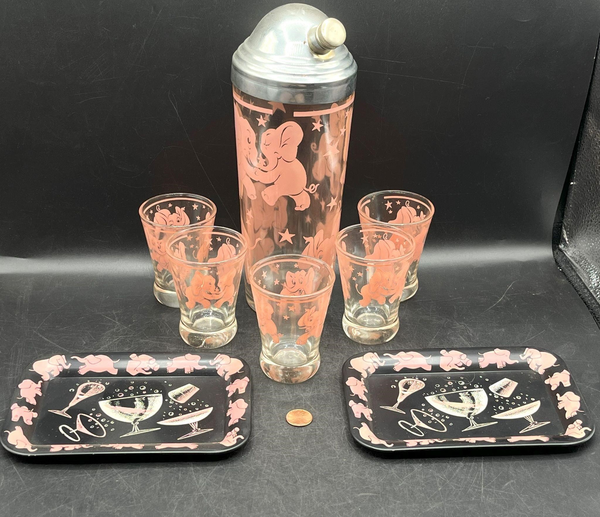 FABULOUS Hazel Atlas "Pink Elephants" Bar Set