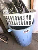 Plastic trash can, laundry basket, 2 tarps