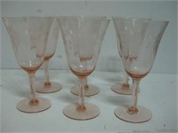 SET OF 6 PINK CRYSTAL WINE GLASSES