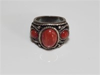 NA Sterling Silver 3 Stone Red Coral Ring