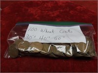 (100)30's,40's,50's Lincoln Wheat cents US coins.