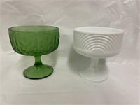 Green depression glass candy dish and milk glass