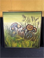 Vintage Framed Canvas Painting Field of Mushrooms