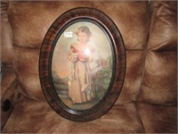 ANTIQUE OVAL GIRL PICTURE W/BUBBLE GLASS FRAME