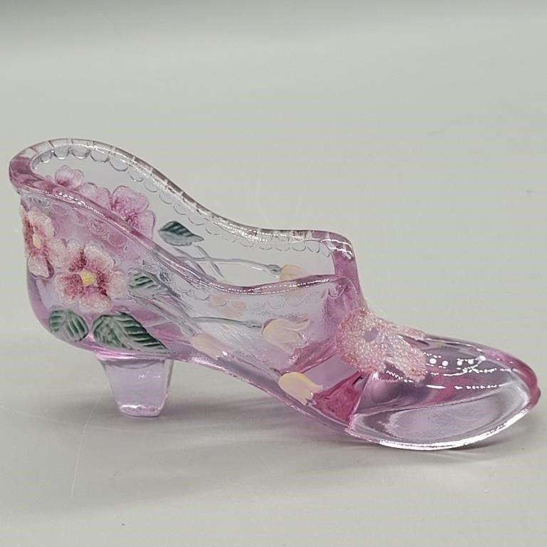 FENTON PURPLE GLASS HAND PAINTED SHOE SIGNED