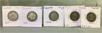 Five assorted 1950s Canadian Silver Quarters