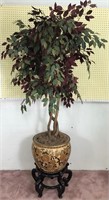 Large Asian Style Planter w/Stand and Faux Tree