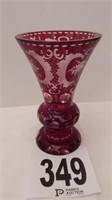 CRANBERRY CUT TO CLEAR GLASS VASE 8 IN