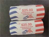 US Coins 2008 James Monroe Dollar Coins, 2 rolls (