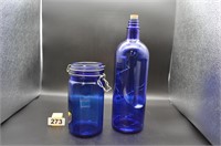 Blue glass bottle 13.5” and canister 8”