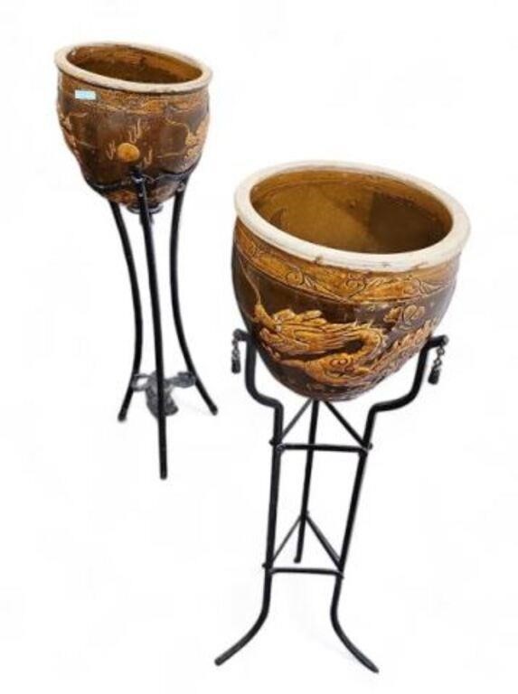 Pair of Asian Planters with Iron Stands.