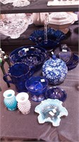 13 pieces of colored glass, mostly cobalt
