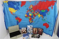 Misc Lot-Money Box, Cloth World Map, DVD's, Books