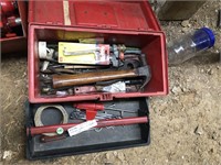 PLASTIC TOOL BOX W/ HAMMER, PLIERS, WRENCHES ETC
