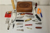 Carved Wood Box & Contents-Pocket Knives & More