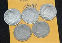 FIVE LIBERTY HEAD NICKELS