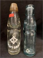2 VINTAGE ASIAN SODA POP BOTTLES WITH MARBLES