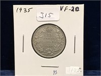 1935 Canadian Silver 25 Cent Piece  VF20