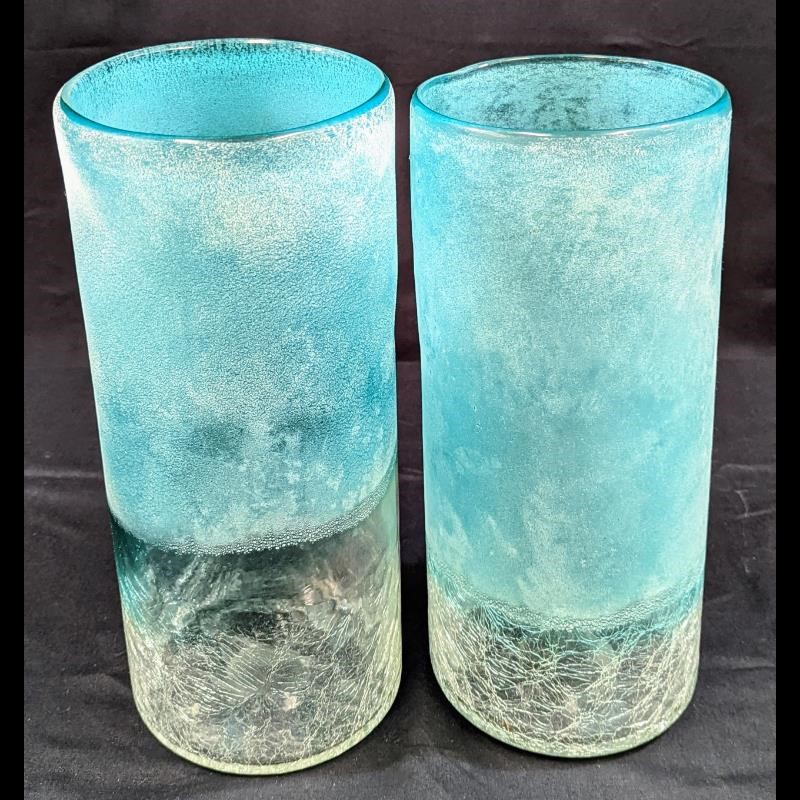 Set of 2 Blue Bubble Cracked Glass Vases