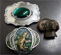 3 metal belt buckles, Fish, Ram Sheep, Green Stone