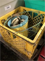 YELLOW CRATE, WIRE BASKET, OLD CLOCKS