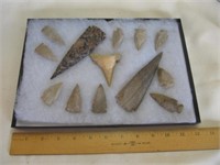 Stone Artifacts & Tooth Fossil In Display Box