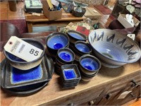 Group of blue stoneware dishes, artist signed