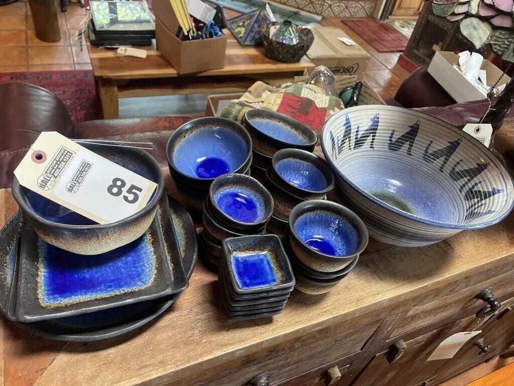 Group of blue stoneware dishes, artist signed