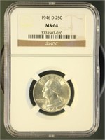 US Coins 1946-D Washington Quarter MS64 NGC