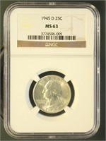 US Coins 1945-D Washington Quarter MS63 NGC