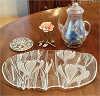 Decor Lot with Glass Flower Frog, Butterfly in